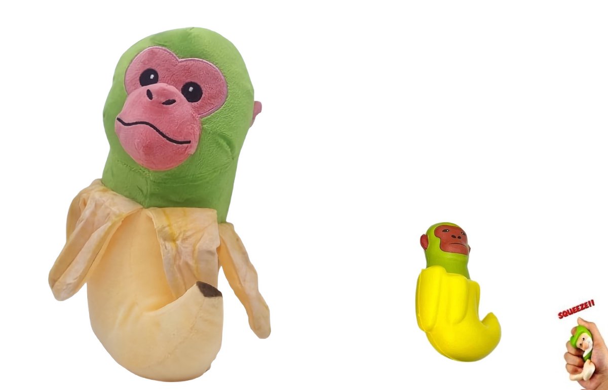 Happy Trendz® | Chimpanzini Bananini Duo-Set | 30 cm Knuffel | 10 cm Slow-Rising Squishy | Cadeau | Meme | Italian Brainrot set